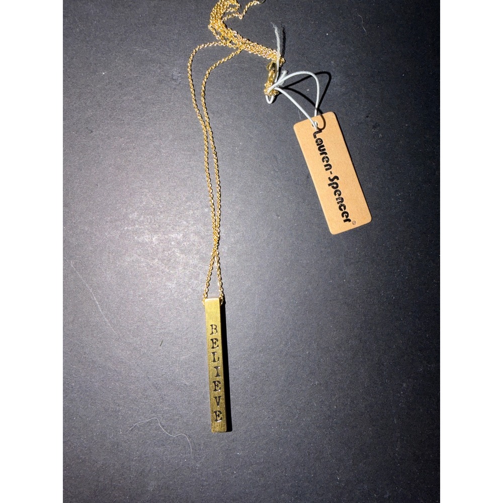 Lauren Spencer Vertical Bar Necklace Believe In Yourself Engraved Gold Tone NWT